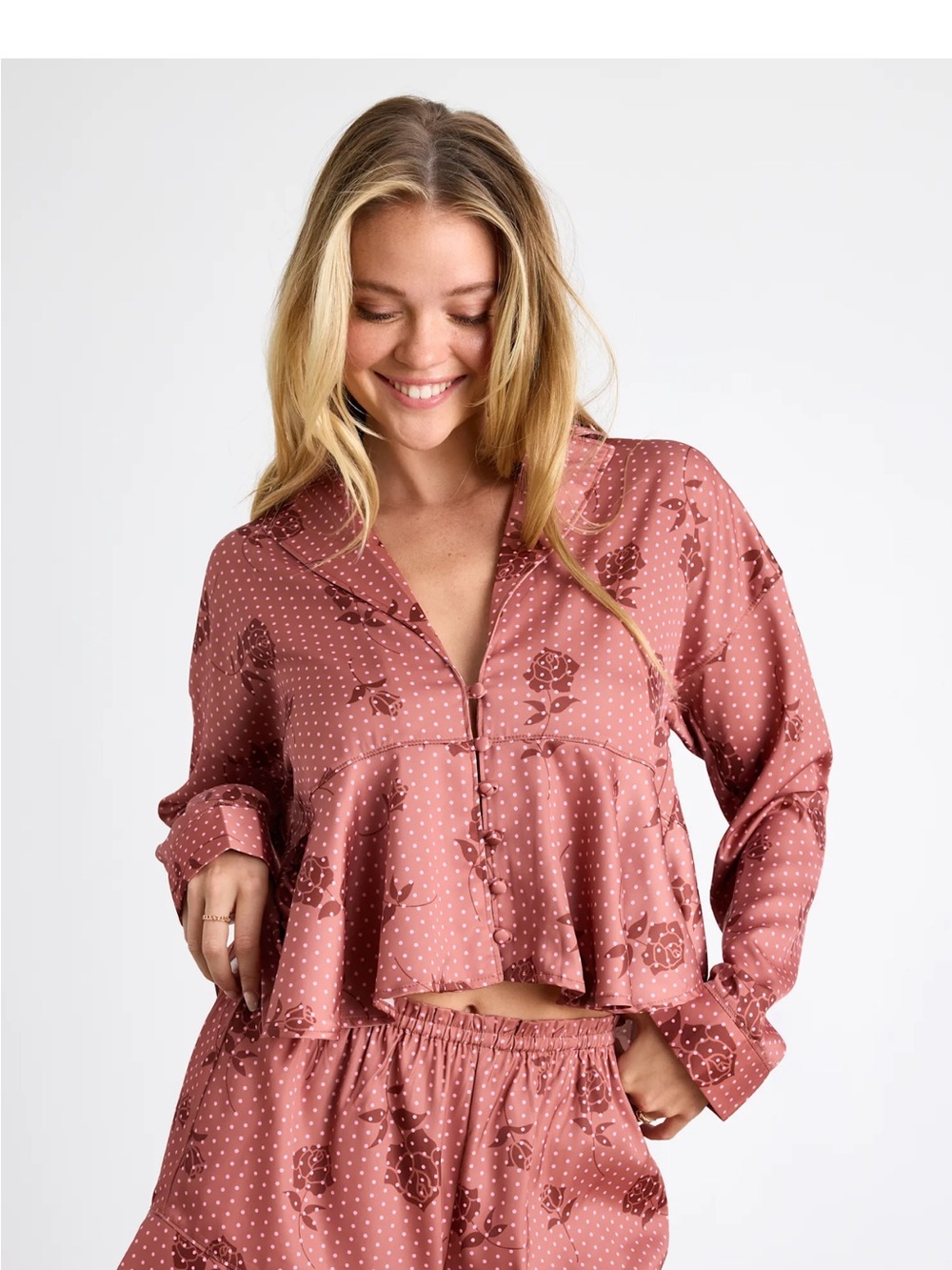 Lulus Ellery Rusty Rose Polka Dot Satin Two-Piece Pajama Set